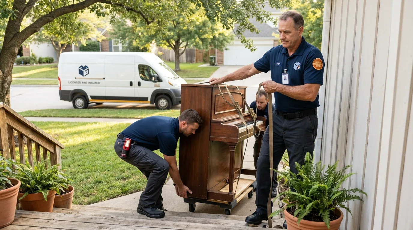 Licensed piano movers securing grand piano in Zeigler, IL