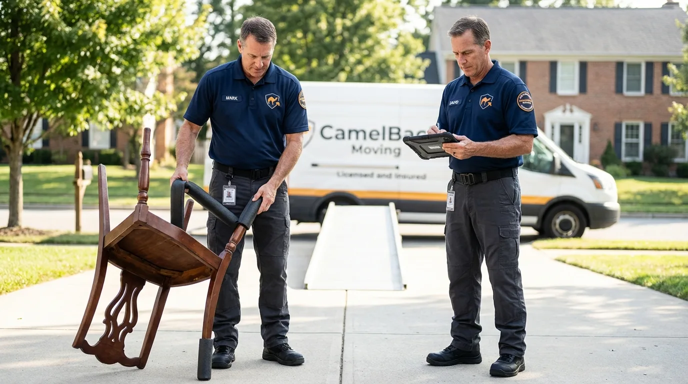 Movers inspecting furniture for damage prevention before loading in Zeigler, IL