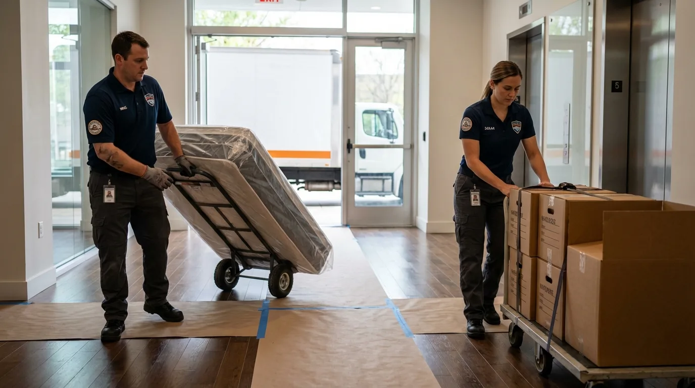 Professional apartment movers loading elevator in Zeigler, IL